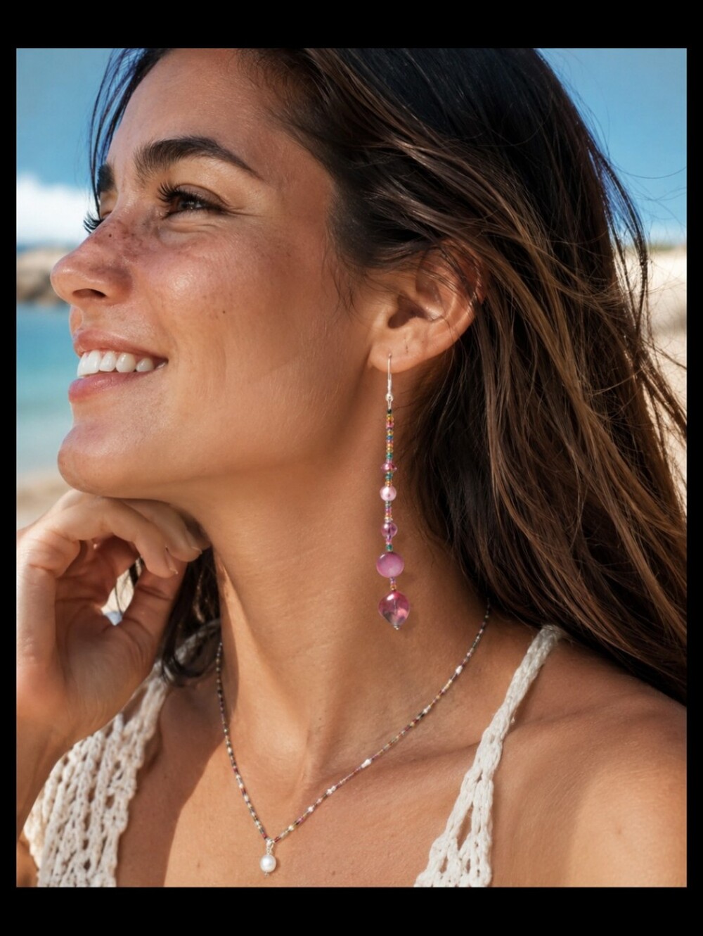 Pink Shell Beaded Dangle Earrings Drop Boho Coastal Beach Mermaidcore Statement